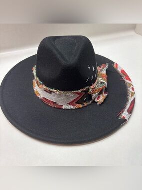 Black Wide-Brim Wool Felt Hat with Multicolor Tribal Band